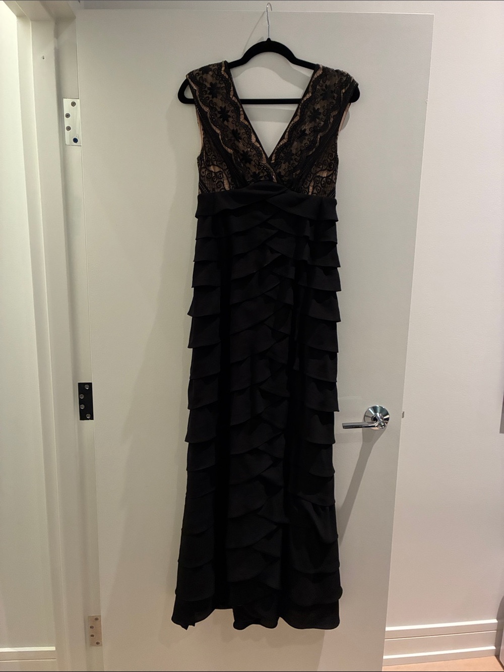 Adrianna Papell Black Lace V-Neck Ruffle Maxi Dress